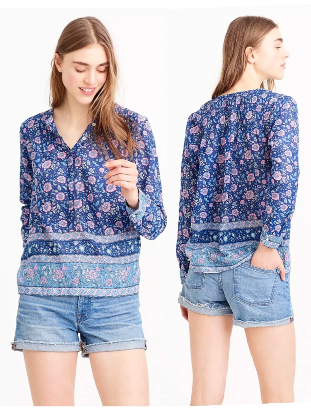 JCREW 100% Cotton Voile popover in floral block print Blue Small - Picture 1 of 14